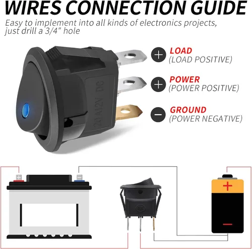 Vista 5 de Interruptor basculante con carcasa de 12 V 20 A, interruptor redondo con luz azul, SPST On/Off, 3 pines con soporte para panel, soporte de montaje