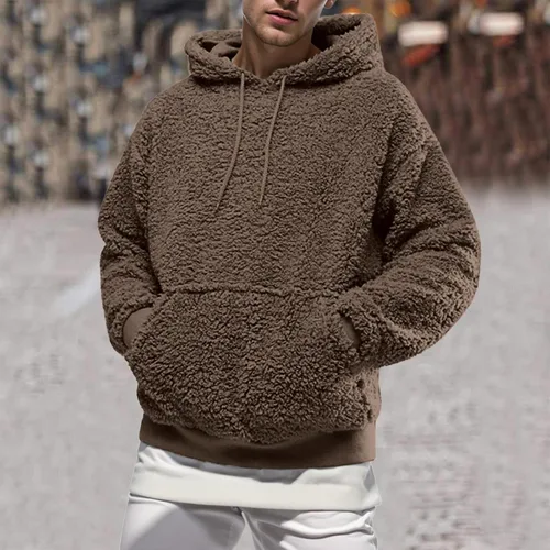 Vista 2 de JUNGE Sudadera con capucha de sherpa para hombre, de manga larga, con bolsillo frontal, para otoño, invierno, con capucha