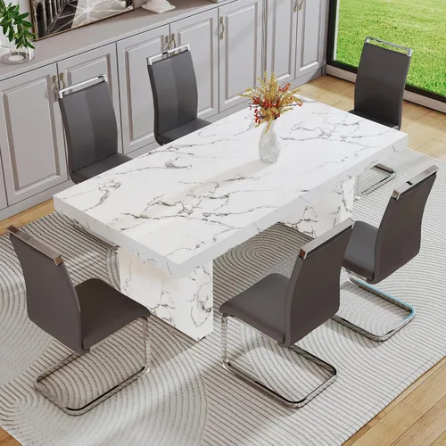 Vista 19 de gopop Mesa de comedor de mármol de 63 pulgadas, tablero de mesa de comedor MDF con patrón de mármol y base para cocina y comedor.
