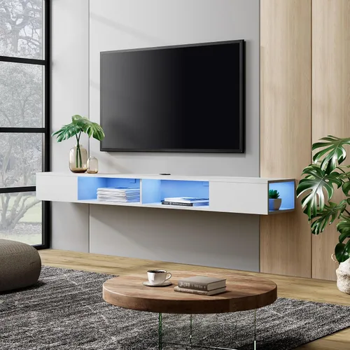 Vista 11 de WAMPAT Estante flotante de TV de 70 pulgadas con luz LED amarilla, soporte de TV flotante blanco montado en la pared con almacenamiento para TV