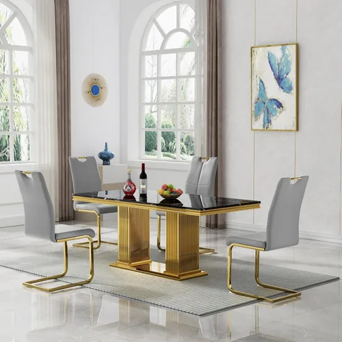 Vista 30 de 5 Piece Black Marble Dining Table Set for 4, Modern Faux Marble Kitchen Dining Room Tables with 4 Leather Chairs Set, 68.11" Luxury Rectangular