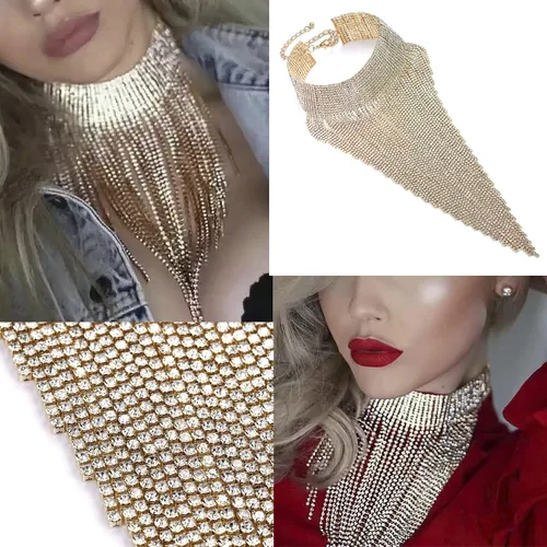 Vista 3 de Flyonce - Collar con diamantes de imitación para mujer, gargantilla con borla estilo pechera, joyería para fiesta formal