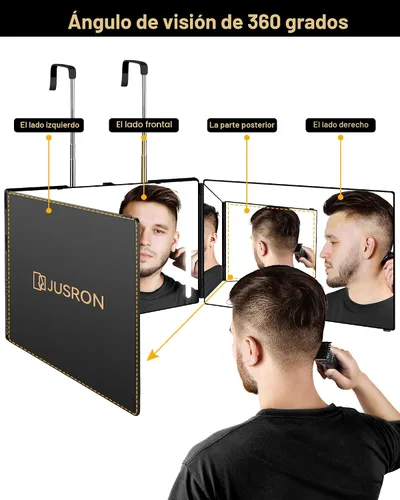Vista 2 de JUSRON Espejo para Cortarse el Cabello Uno Mismo con Ángulo de Visión de 360°, Vidrio HD Transparente Antivaho, Recargable por USB, Fácil de Usar