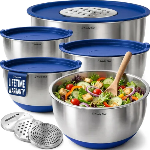 Vista 13 de Priority Chef Juego de tazones para mezclar de acero inoxidable con tapas, 3 accesorios para rallar, tapas herméticas, base de silicona