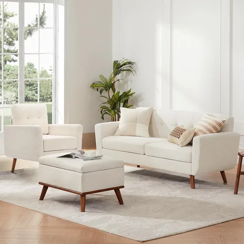 Vista 7 de Tbfit Paquete de 2 sofás individuales de tela de lino, silla decorativa, sillón moderno de mediados de siglo para sala de estar, dormitorio Beige