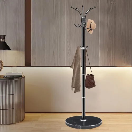 Vista 7 de Perchero de metal moderno, perchero independiente con base de mármol natural, diseño giratorio de 360°, perchero resistente con 14 ganchos, perchero