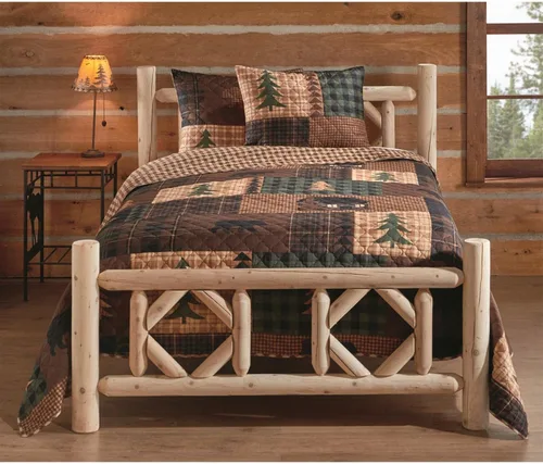 Vista 2 de CASTLECREEK Marco de cama de tronco de cedro de diamante, marco de cama King de madera natural rústica con cabecero