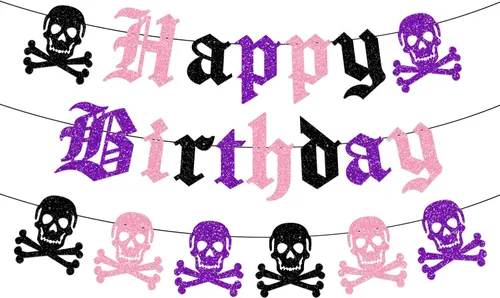 Vista 8 de Cartel gótico de feliz cumpleaños, guirnalda de calavera inglesa antigua con purpurina negra, divertida pancarta de cumpleaños funerario para fiesta