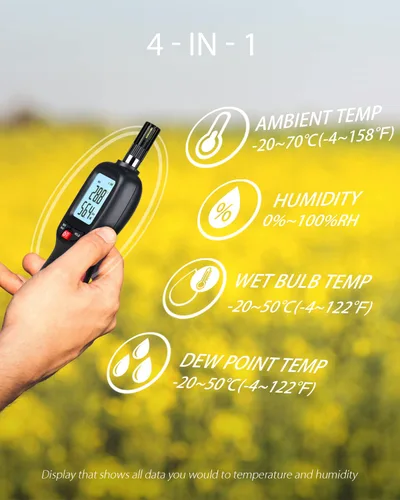 Vista 2 de Wintact Medidor digital de temperatura y humedad, termómetro higrómetro monitor con punto de rocío y temperatura de bombilla húmeda, luz de fondo