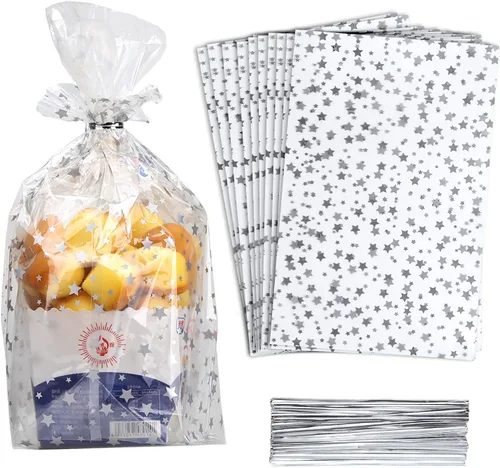 Vista 8 de 100 bolsas de regalo con estampado de estrellas de 3 x 5 pulgadas, bolsas de regalo de celofán, bolsas de regalo de celofán, bolsas de regalo