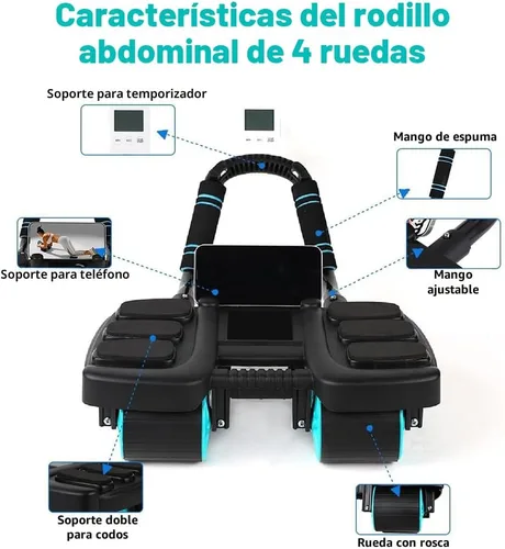 Vista 2 de 2025 Nuevo Rodillo de Abdominales Automático con Rebote y Soporte para Codos y Diseño de 4 Ruedas - Equipo de Ejercicios Abdominales para Gimnasio