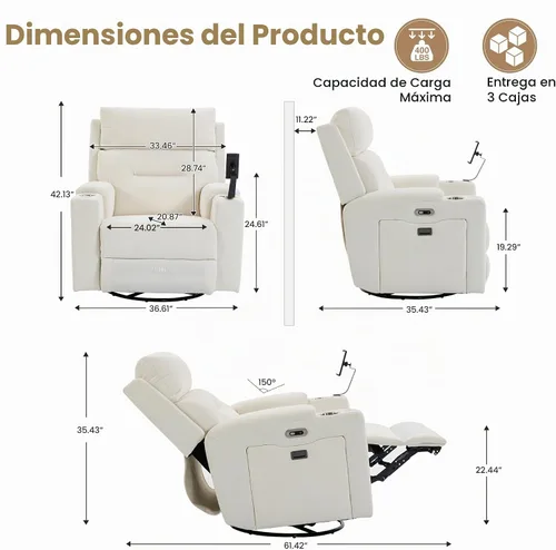 Vista 2 de Sillón reclinable giratorio eléctrico con reposacabezas y lumbar ajustables Blanco