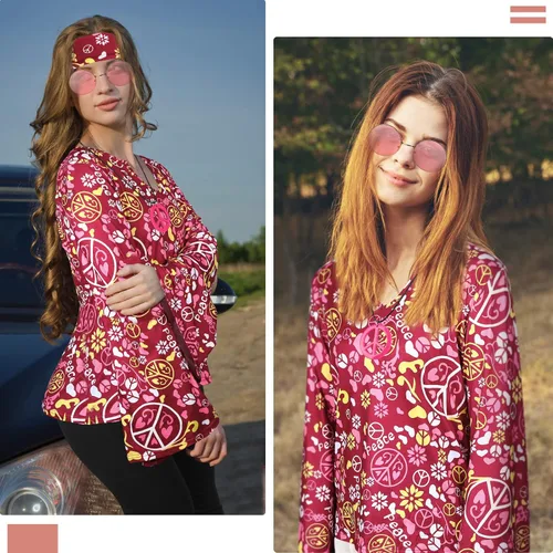 Vista 7 de Jiuguva Conjunto de 17 piezas de disfraz hippie de los años 60 y 70 para mujer, vestido de discoteca, pantalones bohemios, acampanados, camisa