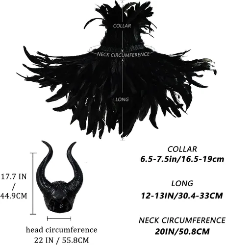 Vista 5 de HOMELEX Disfraz de cuernos de plumas de reina malvada para mujer, capa negra, accesorios de chal para Halloween