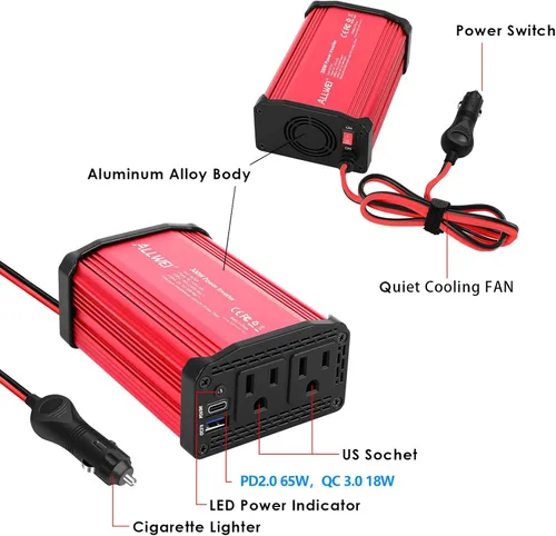 Vista 6 de ALLWEI Inversor de coche de 300 W con puerto USB 3.0 USB-C de 65 W - CC 12 V a 110 V (rojo y azul)