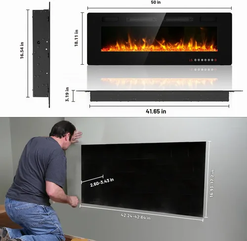 Vista 6 de Chimenea eléctrica ultrafina de 50 pulgadas, montada en la pared e independiente, inserto de chimenea LED, chimenea de pared para sala