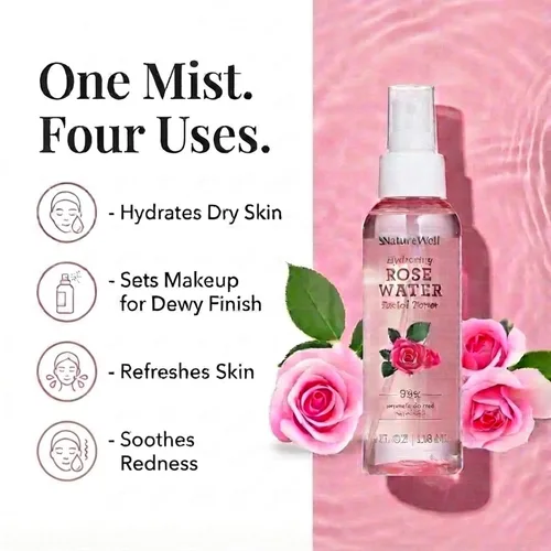 Vista 3 de NATURE WELL Rose Water - Tóner facial hidratante para piel húmeda y radiante, refrescante, acondicionador, calmante, hidratante, perfecto