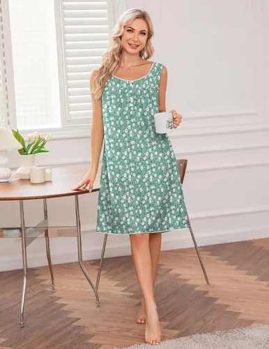 Vista 2 de Ekouaer Camisón para mujer, ropa de dormir de algodón, sin mangas, con cuello en V