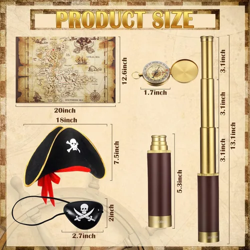 Vista 2 de Telescopio monocular pirata, mapa del tesoro, brújula, sombrero pirata, estampado de calavera, disfraz de capitán, 5 piezas de recuerdos de fiesta