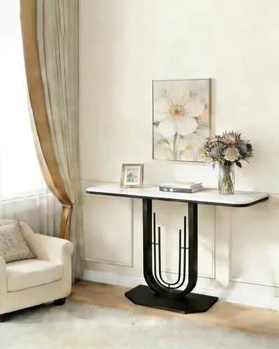 Vista 2 de [Usado] Mesa consola rectangular estrecha de 39.37 pulgadas con parte superior de mármol, elegante mesa de entrada moderna, marco de metal