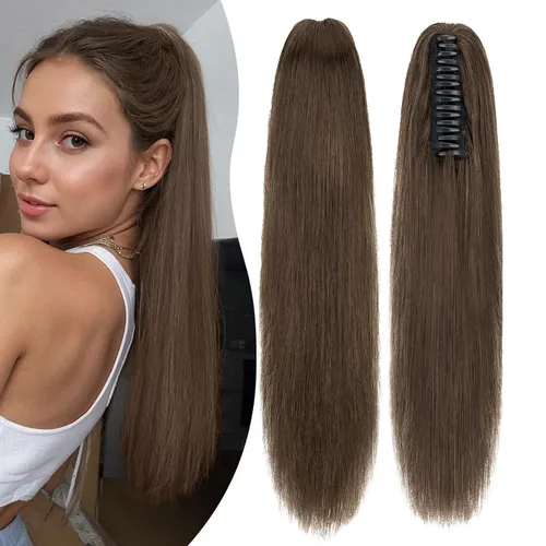 Vista 28 de Rich Choices Extensión de cola de caballo con clip de garra, cabello humano real, una pieza, extensiones de cabello largo Remy para mujer, #18P613