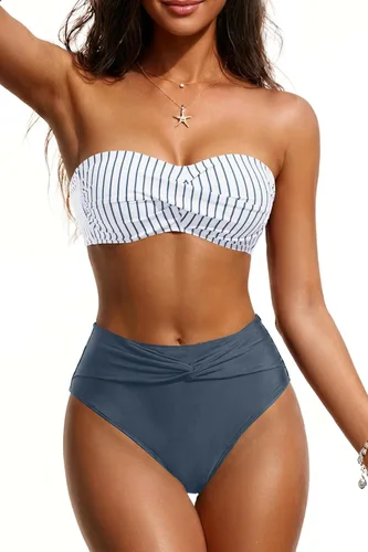 Vista 10 de Tempt Me Conjunto de bikini bandeau para mujer, traje de baño de dos piezas sin tirantes de corte alto de cintura alta Agua