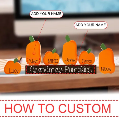 Vista 4 de Calabaza con nombre personalizado para Halloween, bloques de calabazas artificiales personalizadas con nombres de familia para regalos de mesa