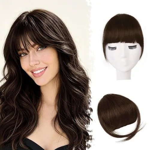 Vista 28 de BARSDAR Flequillo postizo de pelo humano real - Flequillo postizo 100% pelo humano para mujeres - Extensiones de flequillo ondulado castaño rojizo