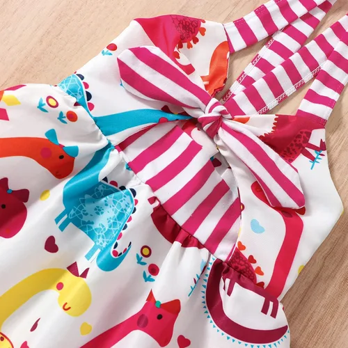 Vista 3 de Falda de verano para niñas pequeñas, con estampado de dinosaurio, sin mangas, correa sin espalda, vestido de 1 a 6 años