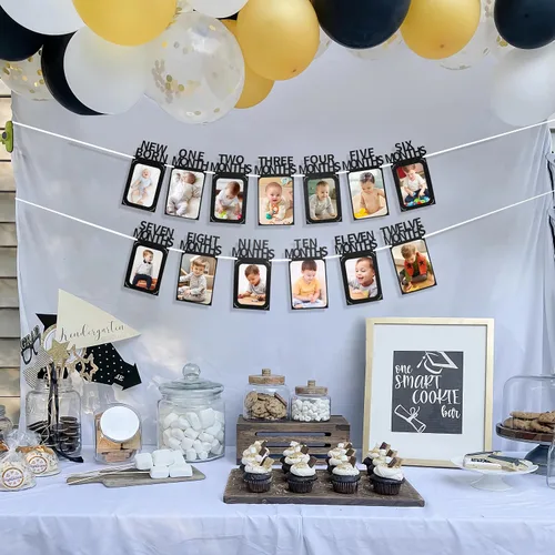 Vista 6 de Crosize - Pancarta decorativa para celebración del primer cumpleaños con marcos de fotos para bebés desde recién nacidos hasta 12 meses, guirnalda