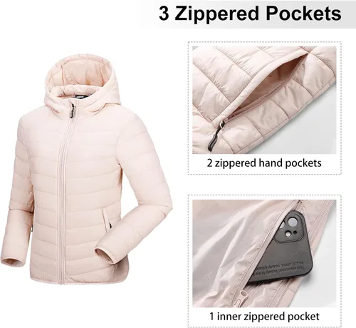 Vista 3 de Outdoor Ventures - Chaqueta acolchada ligera con cremallera completa para mujer, con capucha, abrigo de invierno acolchado