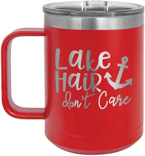 Vista 6 de LAKE HAIR NO CUIDAR Taza de café negra de 15 oz con tapa superior deslizante Taza de café de viaje aislada Ideas de regalo de cumpleaños