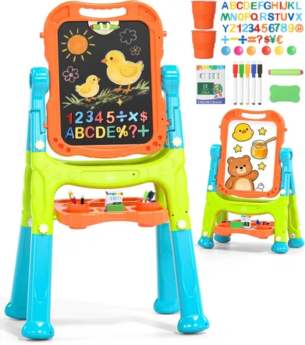 Vista 9 de Lehoo Castle Caballete para niños, caballete de arte para niños 4 en 1 de doble cara con pizarra blanca magnética y pizarra de tiza, caballete