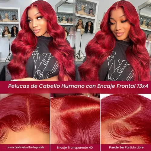 Vista 2 de 99J - Pelucas de encaje frontal de color burdeos con cabello humano 200 de densidad, peluca de encaje HD sin pegamento 13X4, pelucas de encaje 99J