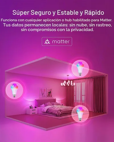 Vista 9 de Matter - Bombillas inteligentes, bombilla que cambia de color, requiere concentrador, A19 60W, WiFi de 2.4 GHz, compatible con Alexa Google