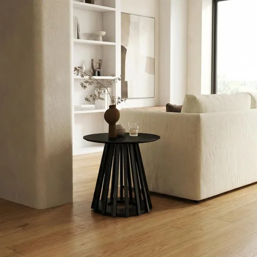 Vista 3 de DUOMAY Mesa auxiliar redonda moderna con base geométrica, mesa auxiliar de madera natural para sala de estar, dormitorio, sala de estar, oficina