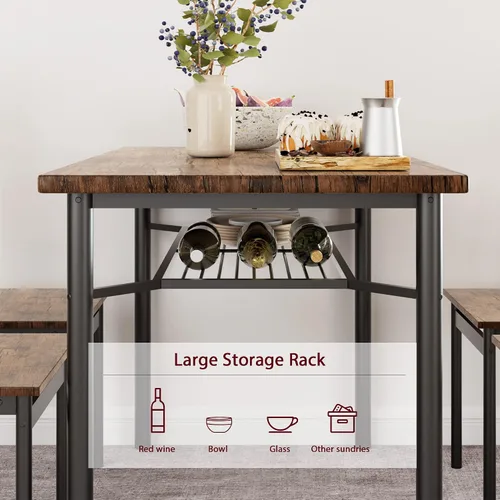 Vista 3 de Juego de mesa de comedor para 4, mesa de cocina y sillas para 4 con estante para vino, juego de mesa de comedor rectangular, juego de mesa