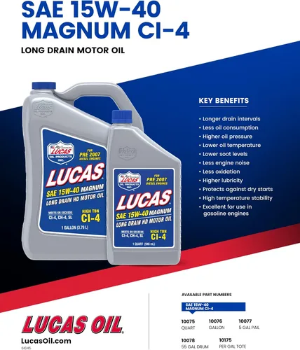 Vista 2 de Lucas Oil 10076 SAE 15W-40 API CI-4 Magnum Aceite de motor resistente, 1 galón (paquete de 4)