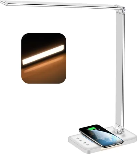 Vista 2 de AFROG - Lámpara LED de escritorio multifuncional con cargador inalámbrico, puerto de carga USB, 5 modos de iluminación, 5 niveles de brillo, control