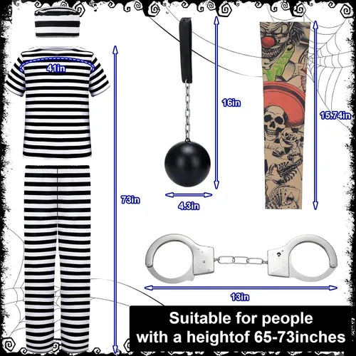 Vista 2 de Liitrsh 4 piezas de disfraz de prisionero de Halloween a rayas, mono de prisión con mangas de tatuaje, esposas y puño para el pie