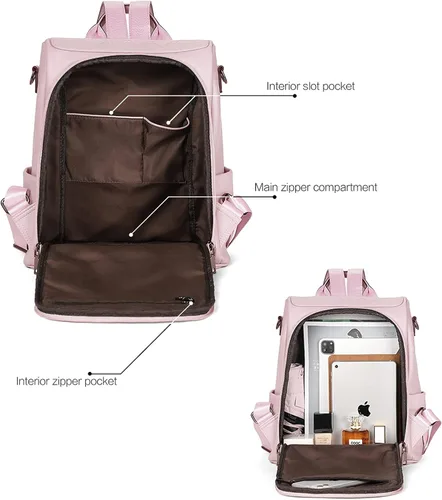 Vista 23 de Bromen - Mochila tipo bolso de mano de piel antirrobo para mujer a la moda, Beige floral, L