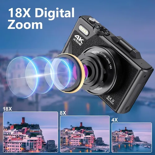 Vista 3 de Cámara digital 4K 64MP UHD 18X Zoom Autofoco Retro Cámara compacta para viajes, cámara de vlogging de pantalla abatible con pantalla de 3 pulgadas