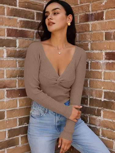 Vista 40 de LILLUSORY Ropa de otoño con nudo torcido 2025 para mujer, trajes de moda con parte superior acanalada de manga larga