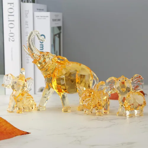 Vista 6 de Juego de 4 figuras acrílicas de elefante, colección ámbar transparente para madre y bebé elefante, adorno familiar, lindo animal, decoración