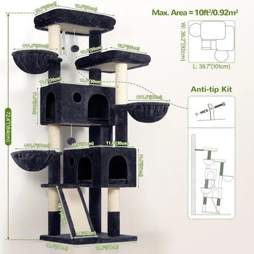 Vista 7 de Globlazer Árbol grande para gatos, torre de escalada para gatos de 72 pulgadas de alto para gatos adultos grandes, muebles de varios niveles con 2