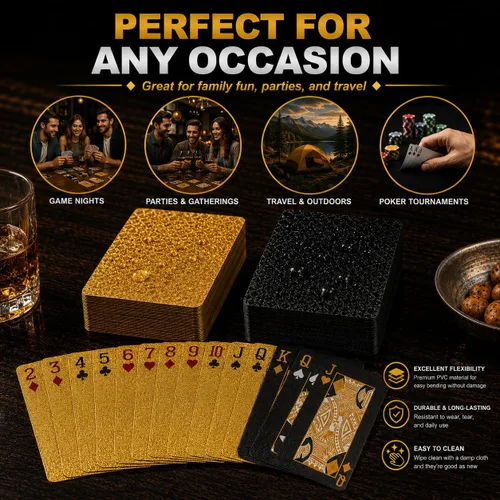 Vista 7 de 10 Paquetes de Cartas de Juego - 5 Negras 5 Doradas HD, 54 Cartas de Póquer Estándar de Plástico Impermeable para Fiestas Familiares Negro y dorado