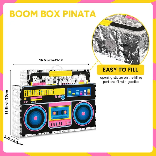 Vista 2 de Tenare Boombox Piñata Boom Box - Piñata de los años 80, suministros de fiesta musical retro de los años 90 para decoración de fiesta de cumpleaños