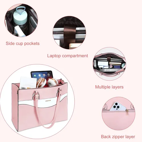 Vista 4 de MOSISO Bolsa de mano para computadora portátil para mujer, bolsa de trabajo de piel sintética con compartimento para laptop compatible con laptop