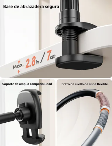 Vista 7 de Tryone Soporte para teléfono con cuello de cisne para cama, brazo flexible, ajustable, abrazadera de montaje para teléfonos celulares en el Negro