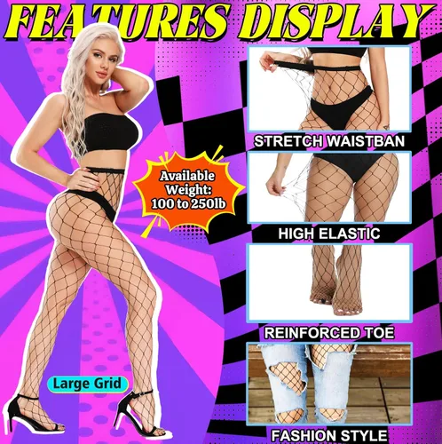 Vista 4 de Medias de red para mujer, mallas negras, medias de cintura alta Talla única, talla grande. Puntera reforzada, suave elasticidad, comodidad